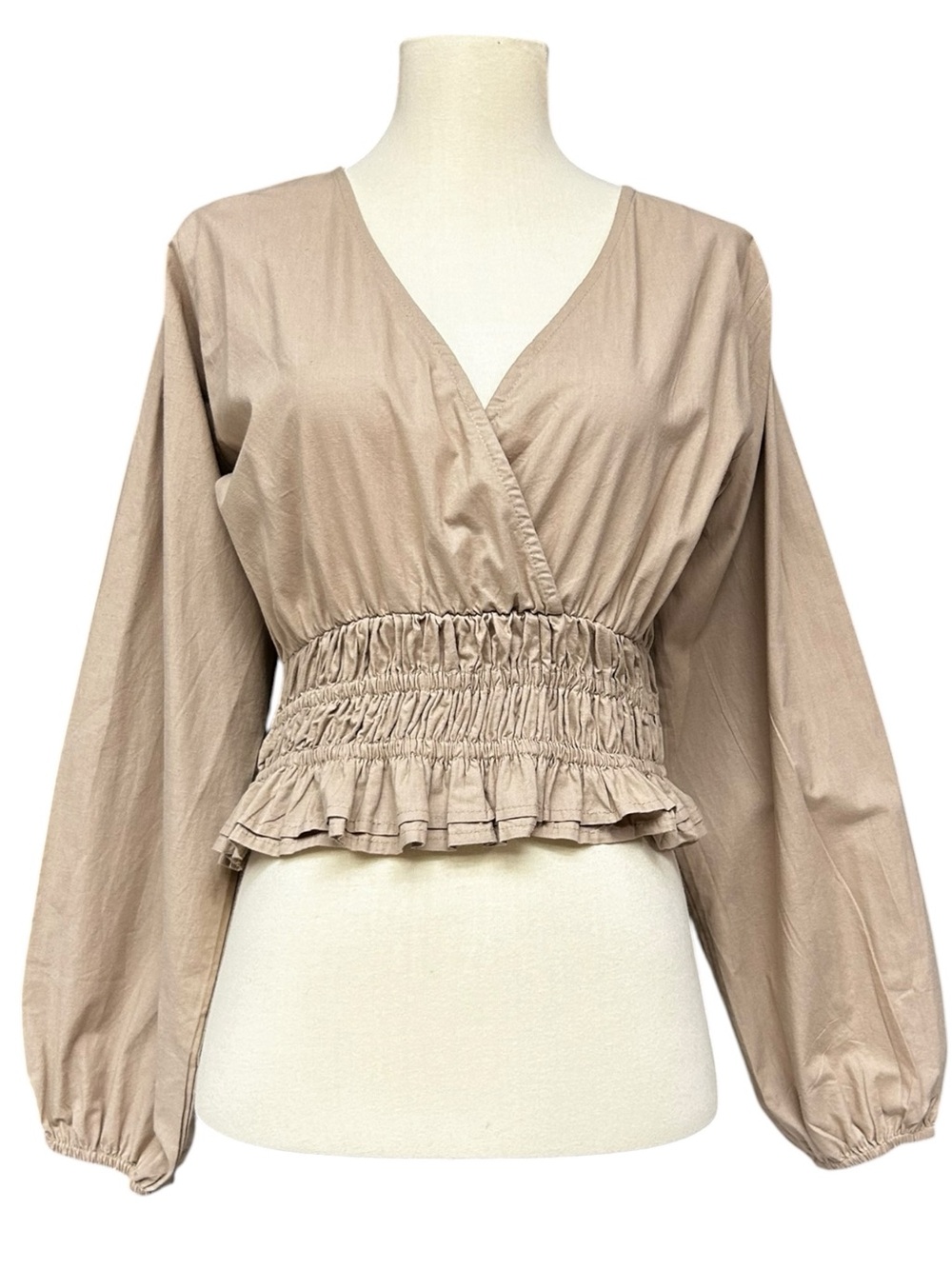 Sim & Sam Taupe Smocked Waist Peplum Wrap Blouse Small Cotton Boho